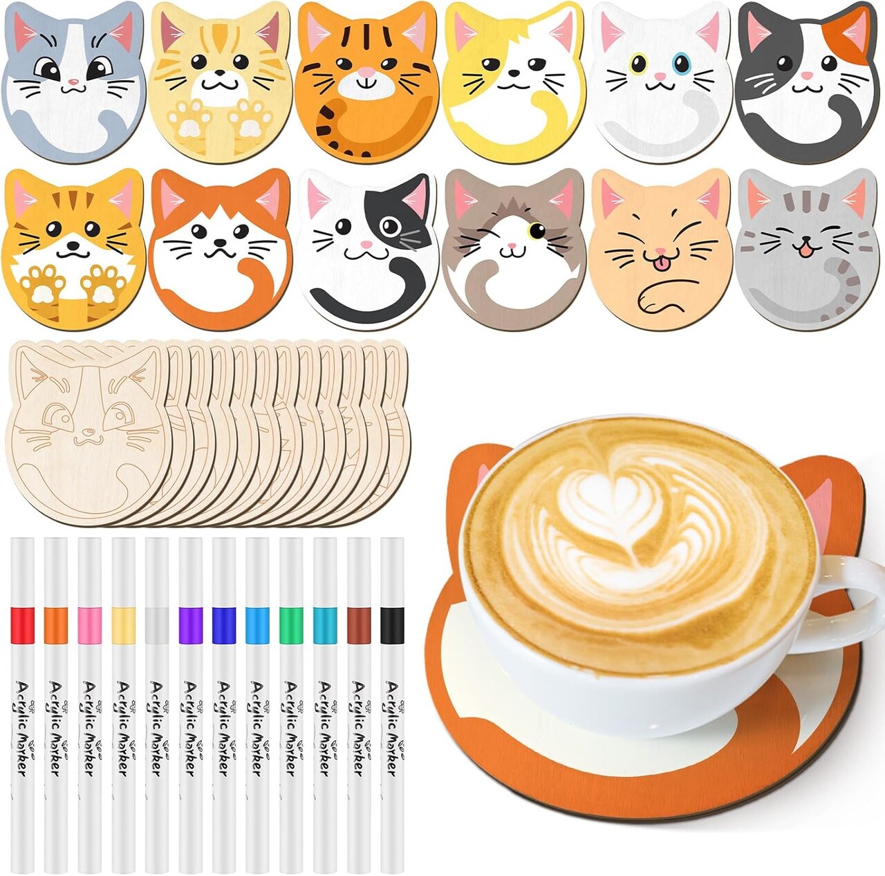 24 Pcs Cat Wooden Coasters Painting Set with Markers Unfinished